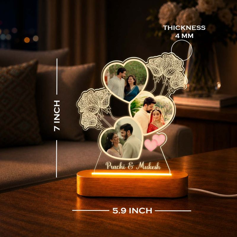 Personalized Couple Multi-Photo Acrylic LED Night Light Romantic Wedding Anniversary Memory Keepsake Gift for Boyfriend, Girlfriend, or Newlyweds, Valentine’s Day & Engagements
